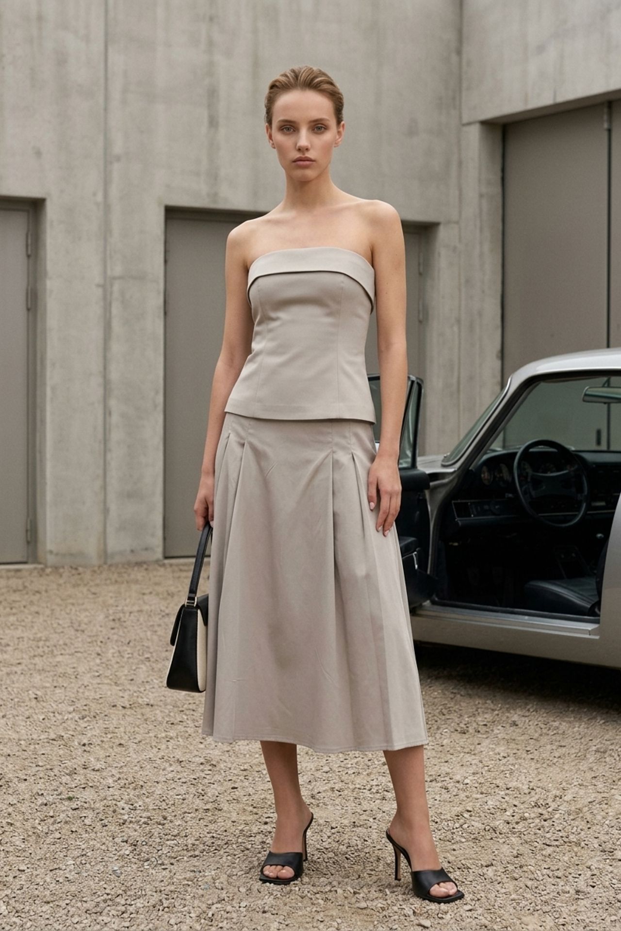 MY FASHION Strapless Blouse and High-Waist Midi Skirt Set 1