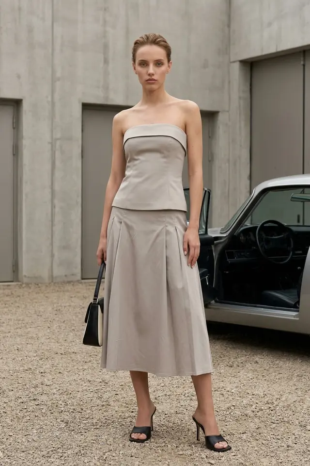MY FASHION Strapless Blouse and High-Waist Midi Skirt Set