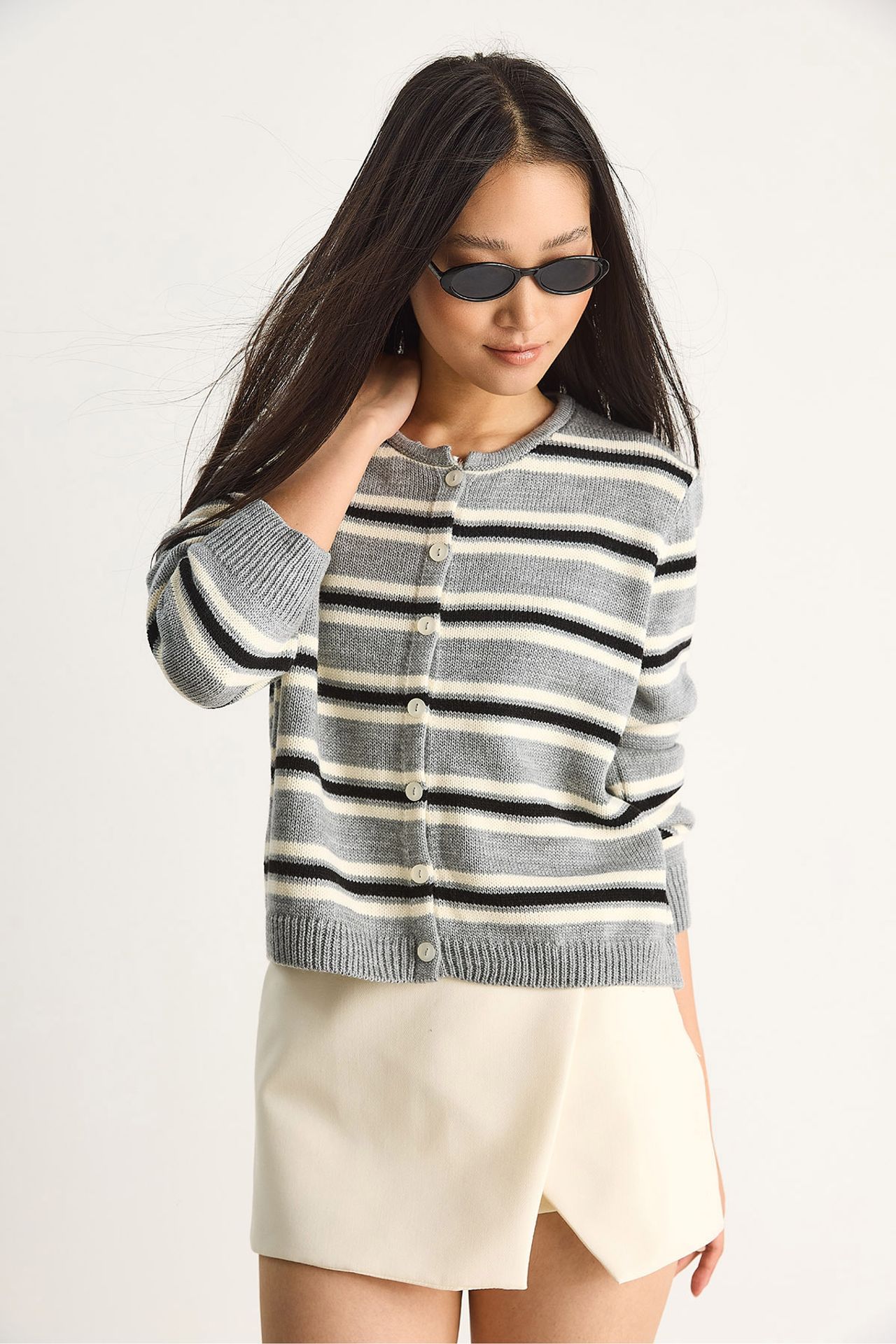 LUCCI Striped Crew Neck Cardigan 2