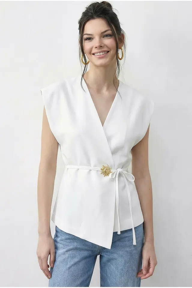 LUCCI Belted V-Neck Crepe Waistcoat