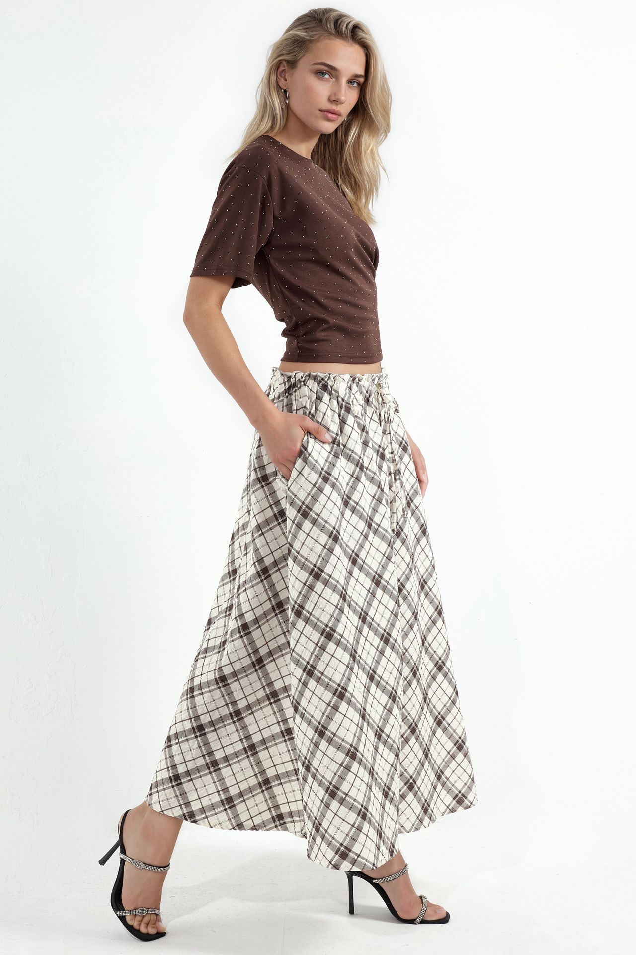 BUSEM High-Waist Plaid Midi A-Line Skirt 2
