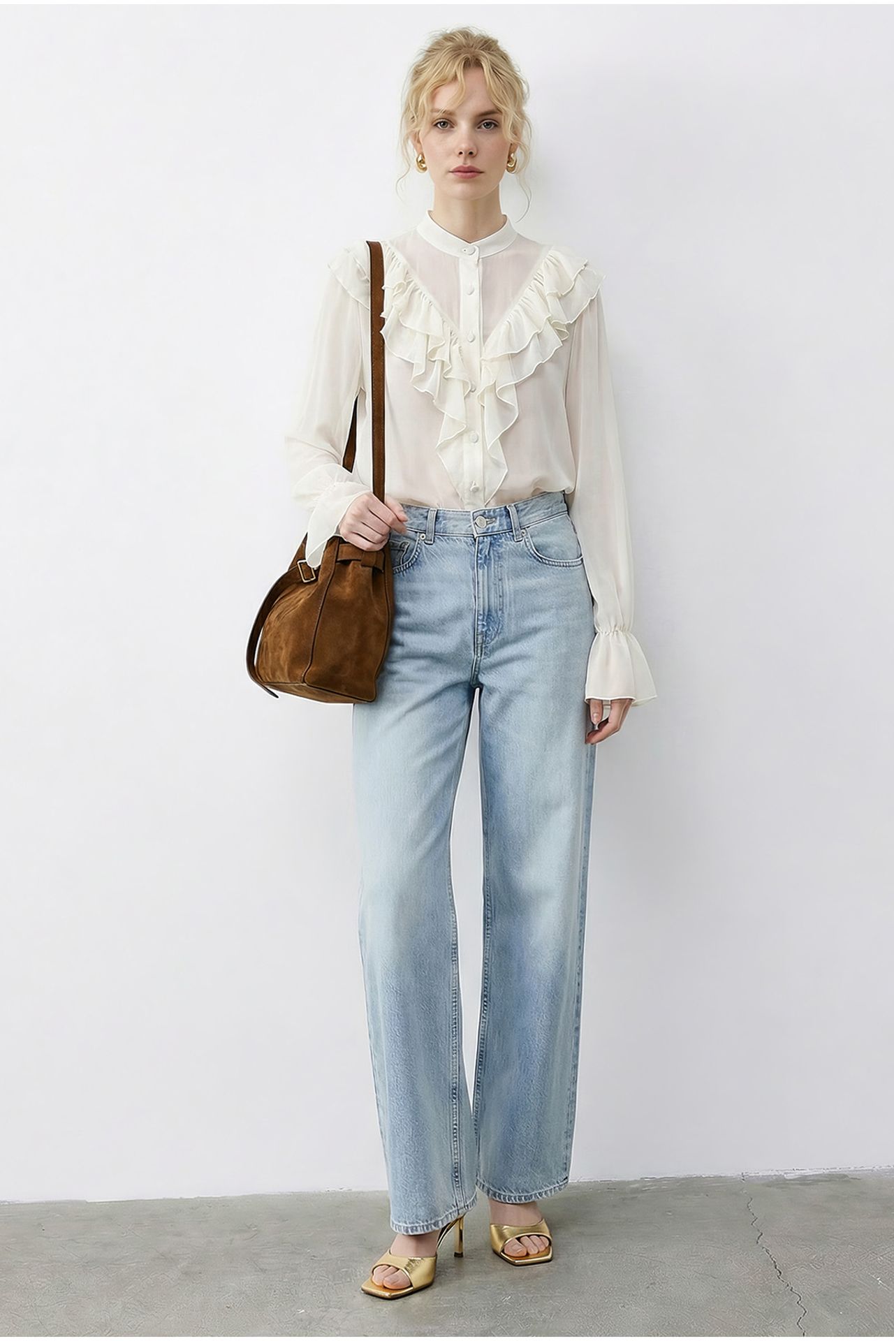LUCCI Frilly Mandarin Collar Long Sleeve Chiffon Shirt 2
