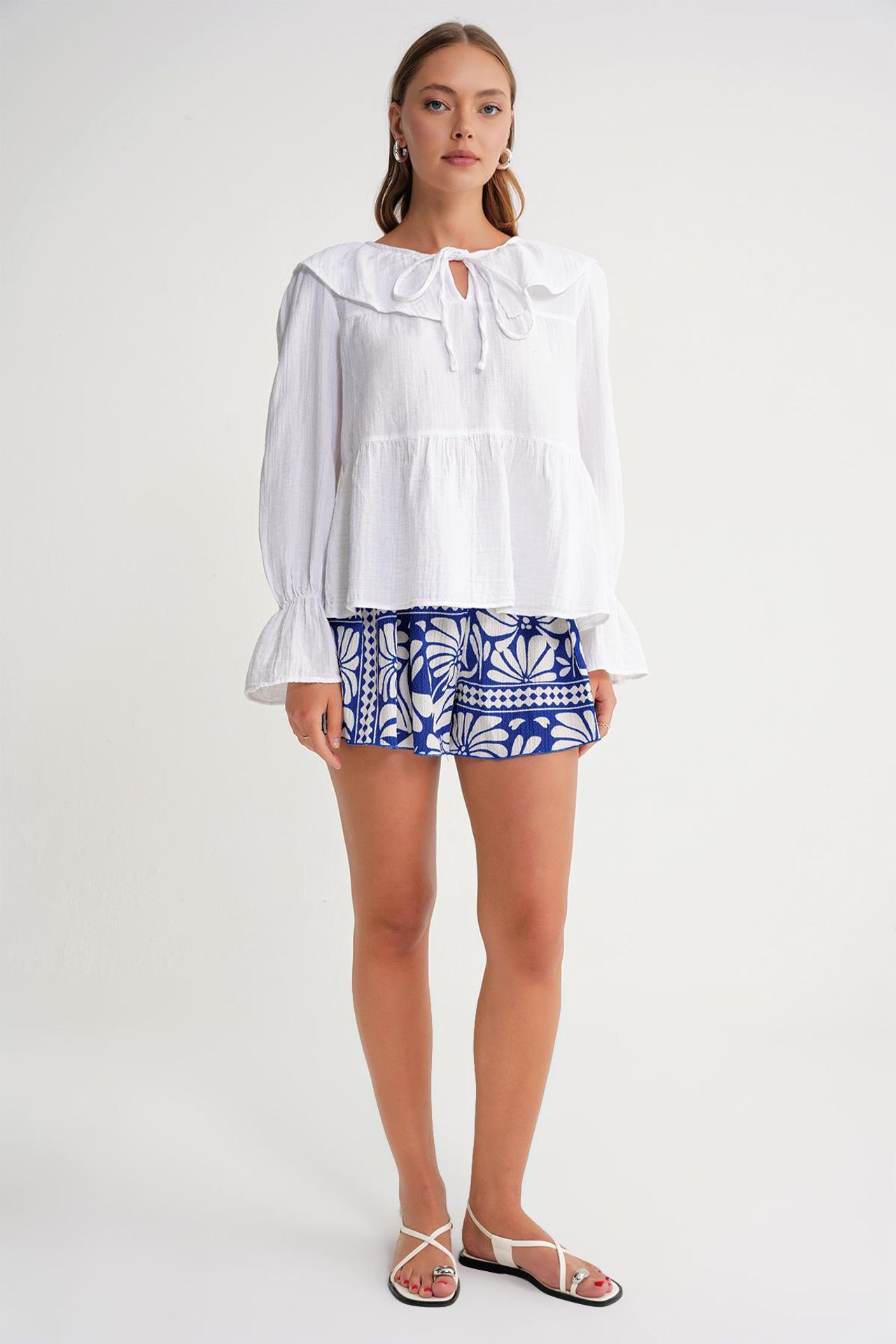 Mixray Frilly Shawl Collar Blouse with Tie Closure 2