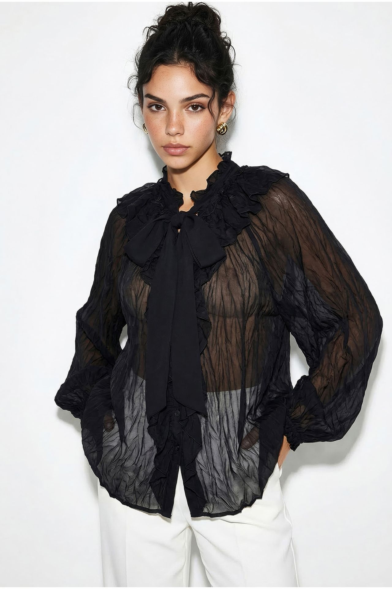 LUCCI Button-Up Crepe Blouse with Bow Detail 4