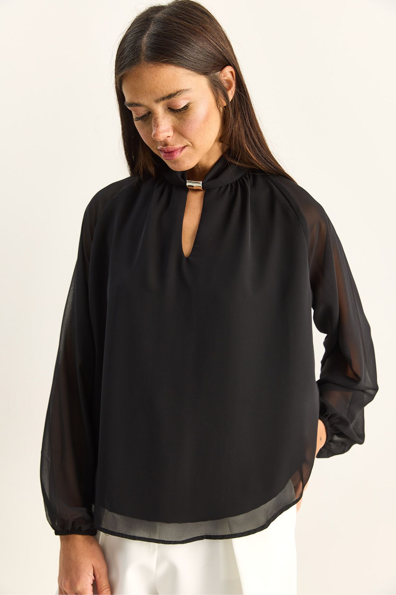 LUCCI Mandarin Collar Chiffon Blouse with Stone Accessory 2