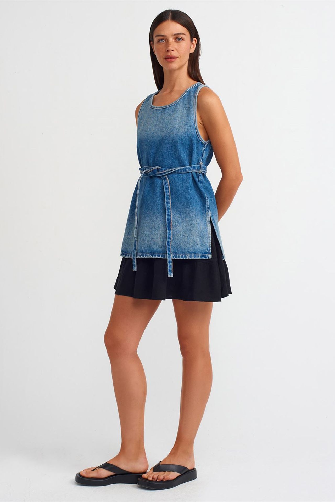 DILVIN Pamuk Denim Bağlama Detaylı Tunik Bluz 3