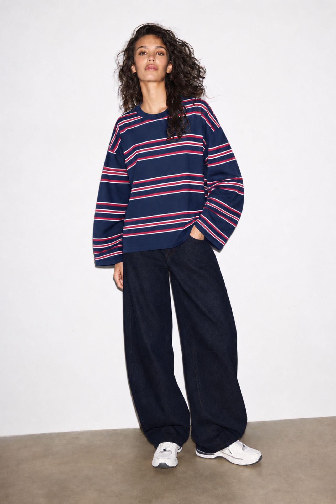 BIPANTOLON Kadın Oversize Çizgili Bisiklet Yaka Sweatshirt 1
