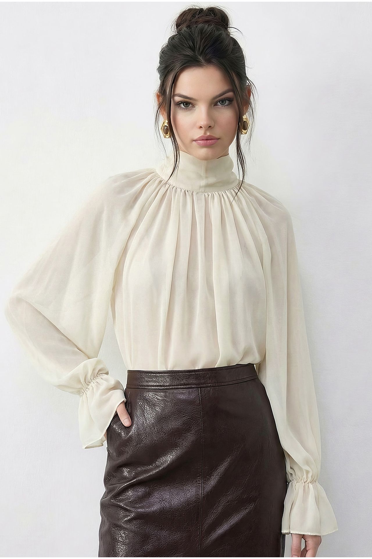 LUCCI Solid Chiffon Turtleneck Blouse 1