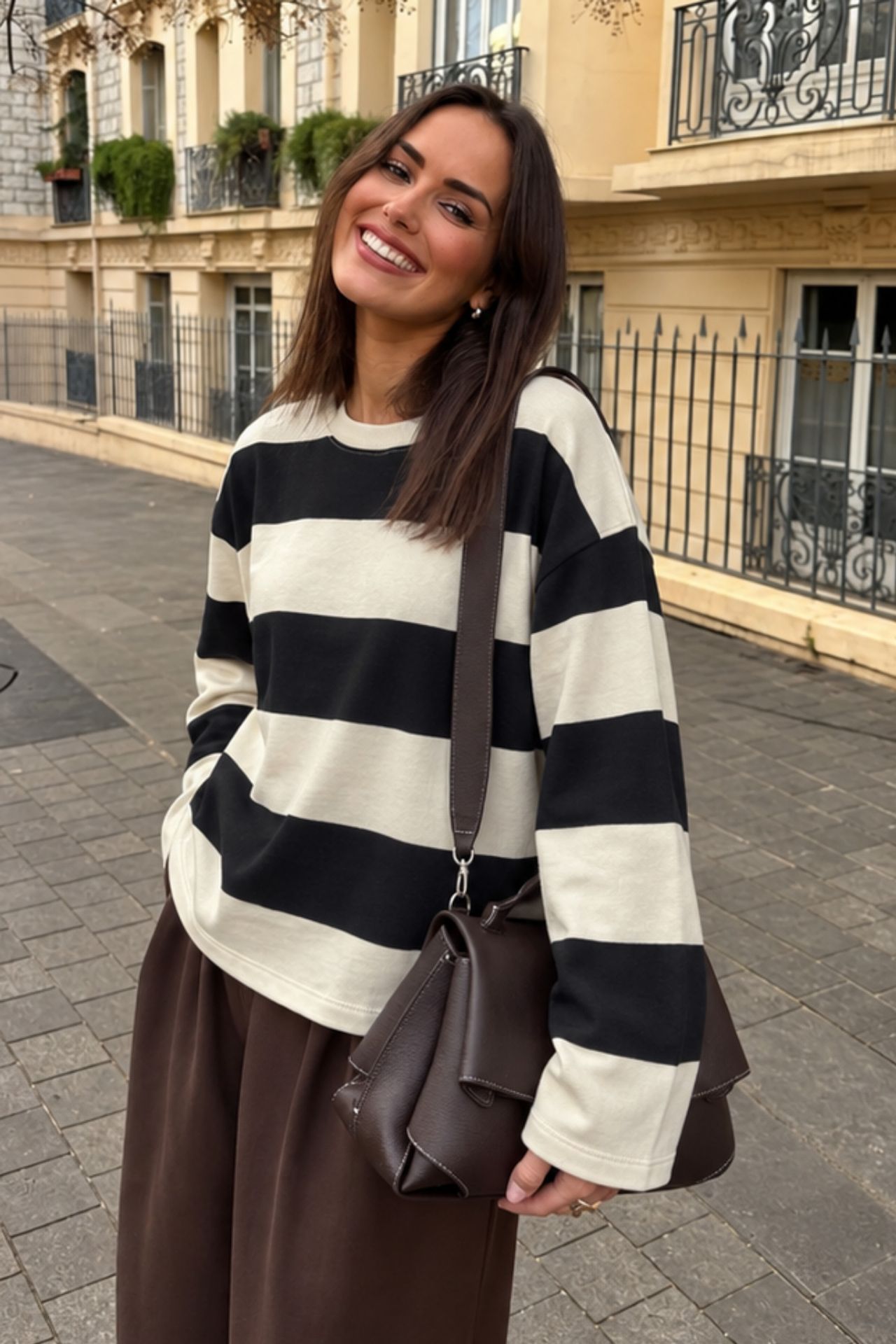 BIPANTOLON Kadın Oversize Çizgili Bisiklet Yaka Sweatshirt 1