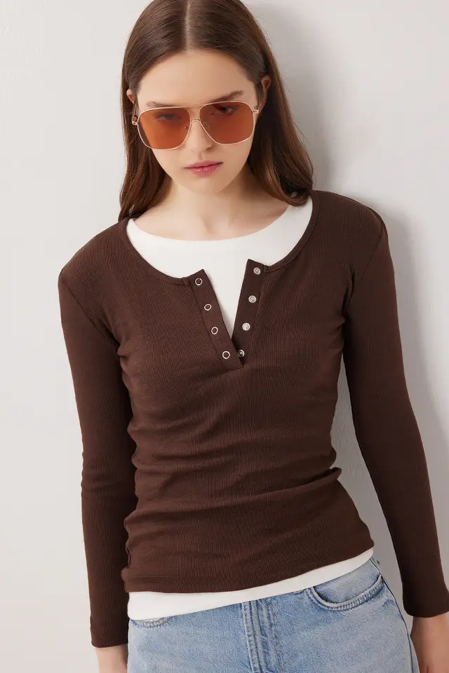 ISTANBUL Slim Fit Ribbed Button-Up Long Sleeve Blouse