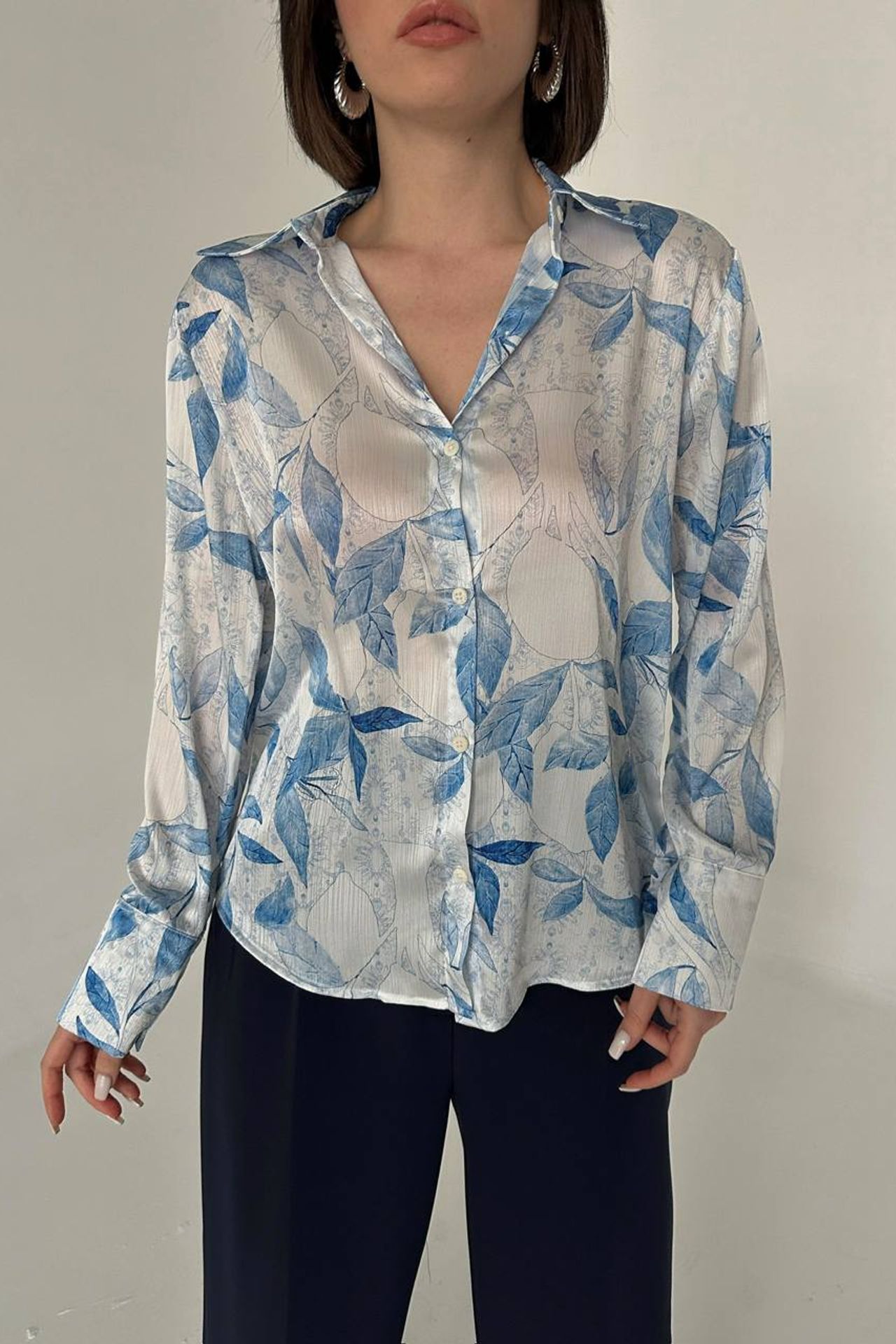 MY FASHION Floral Print Satin Button-Up Shirt 2