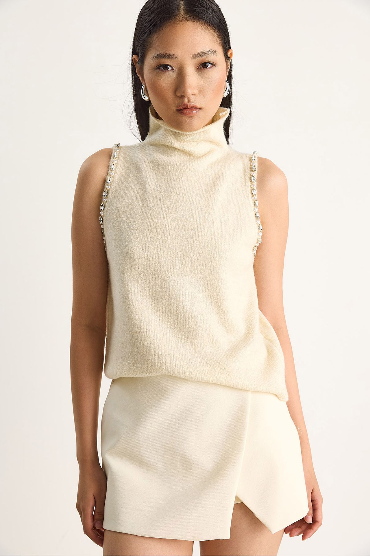 LUCCI Turtleneck Blouse with Pearl Detail