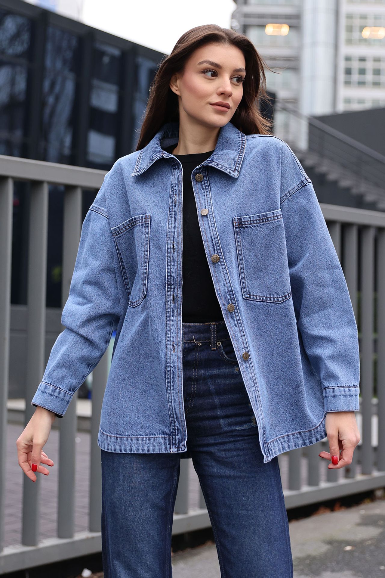 BDART Oversized Denim Jacket with Shirt Collar and Pockets 3