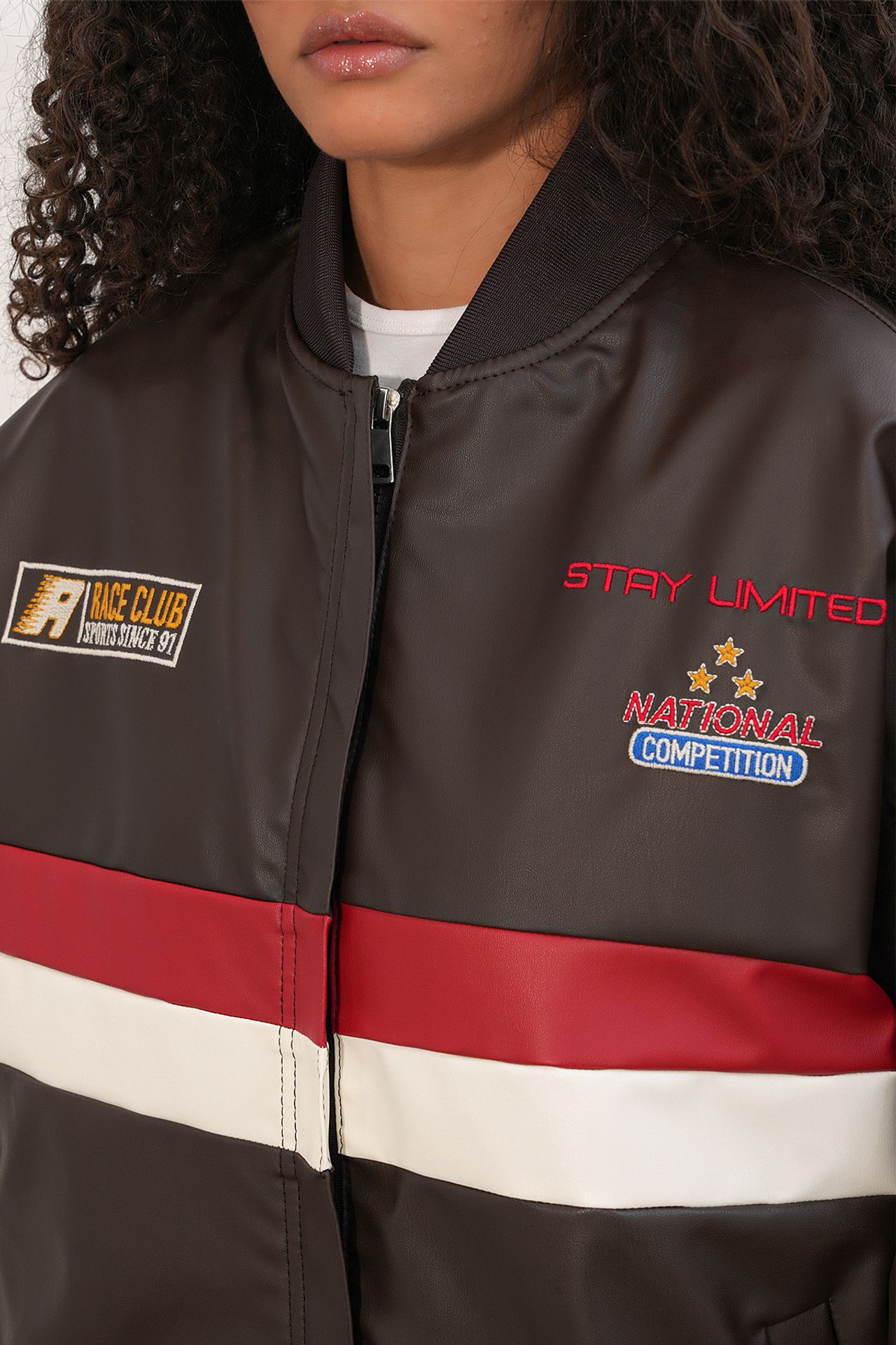 BDART Fitted Crop Faux Leather Bomber Jacket with Bow 5