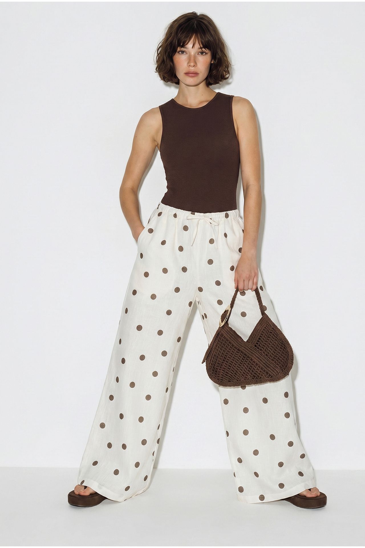 LUCCI Polka Dot Wide-Leg Tie-Waist Trousers 4