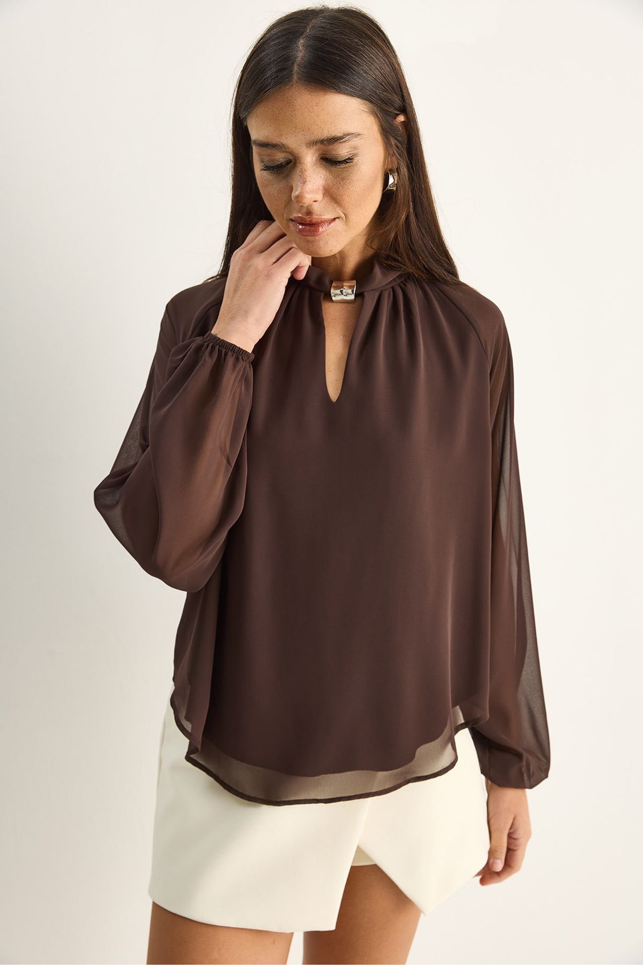 LUCCI Mandarin Collar Chiffon Blouse with Stone Accessory 4