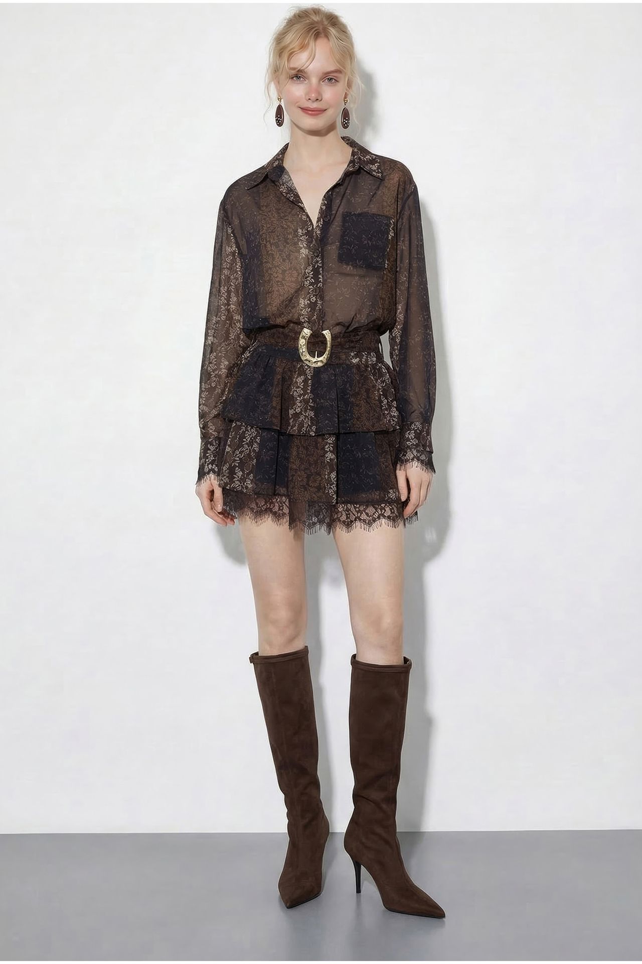 LUCCI Patterned Tulle Dress with Lace Detail, Belt and Ruffles 3