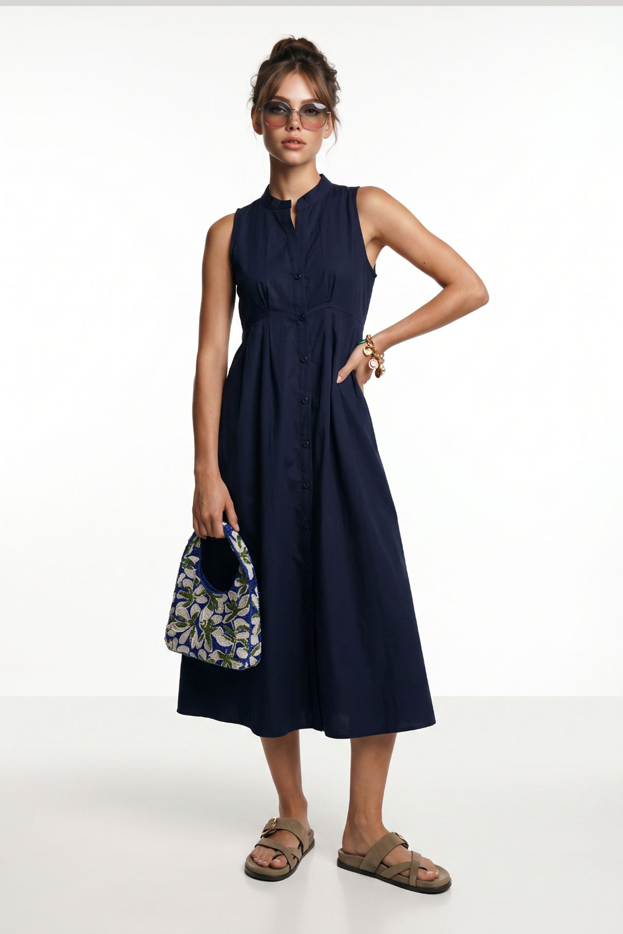 ISTANBUL Mandarin Collar Sleeveless A-Line Midi Dress 3