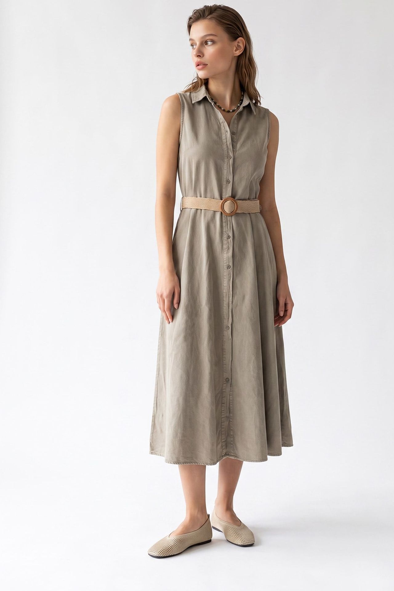 MIXRAY Belted Cotton Poplin Midi Shirt Dress 3