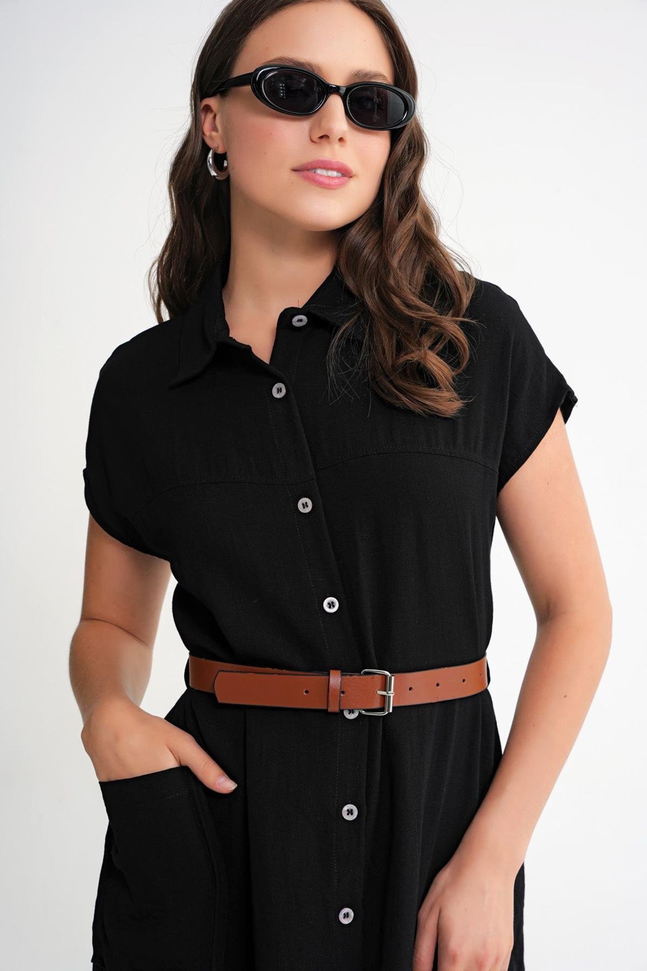 Mixray Midi Dress with Belt Detail and Buttoned Collar 5