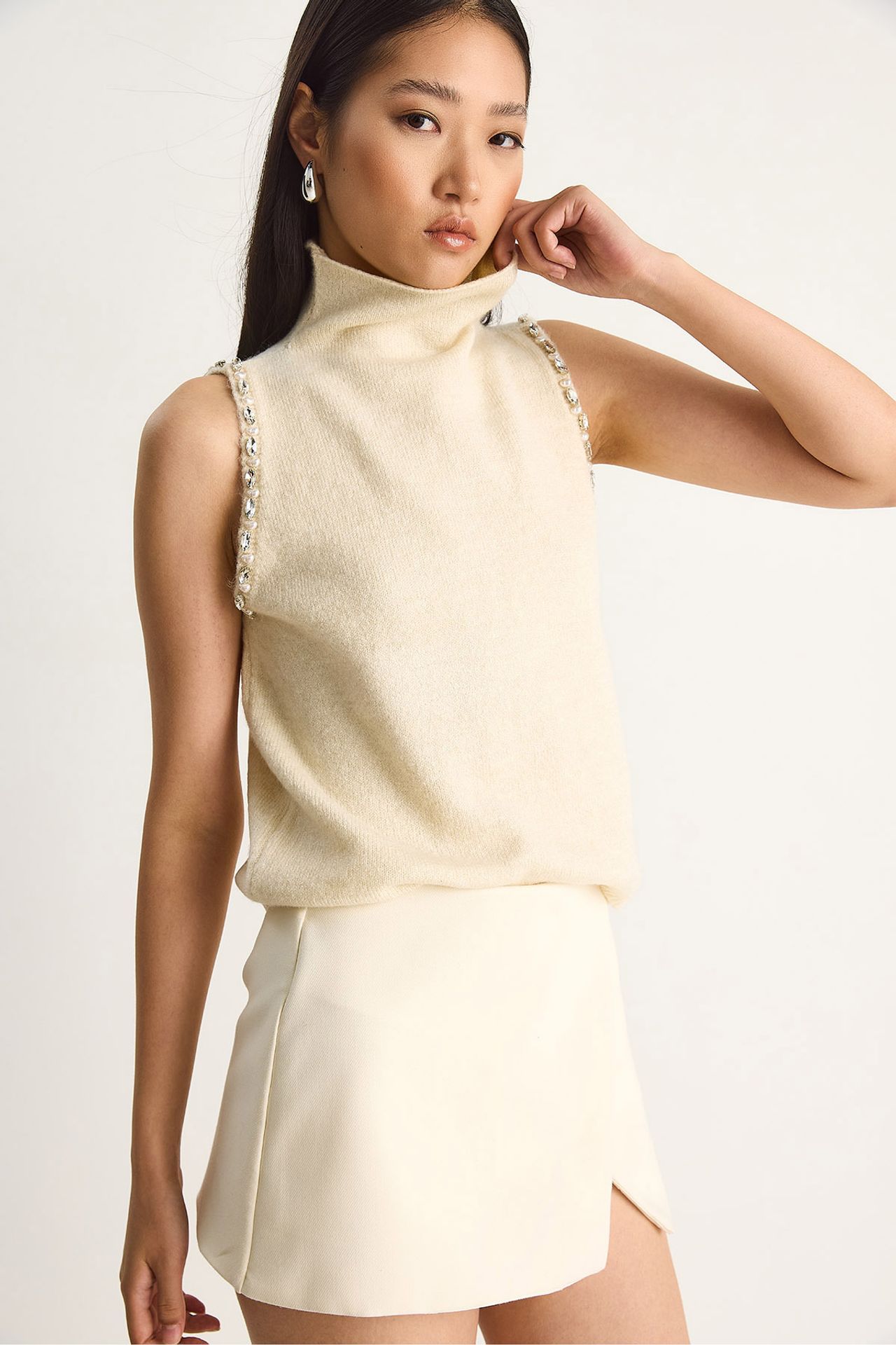 LUCCI Turtleneck Blouse with Pearl Detail