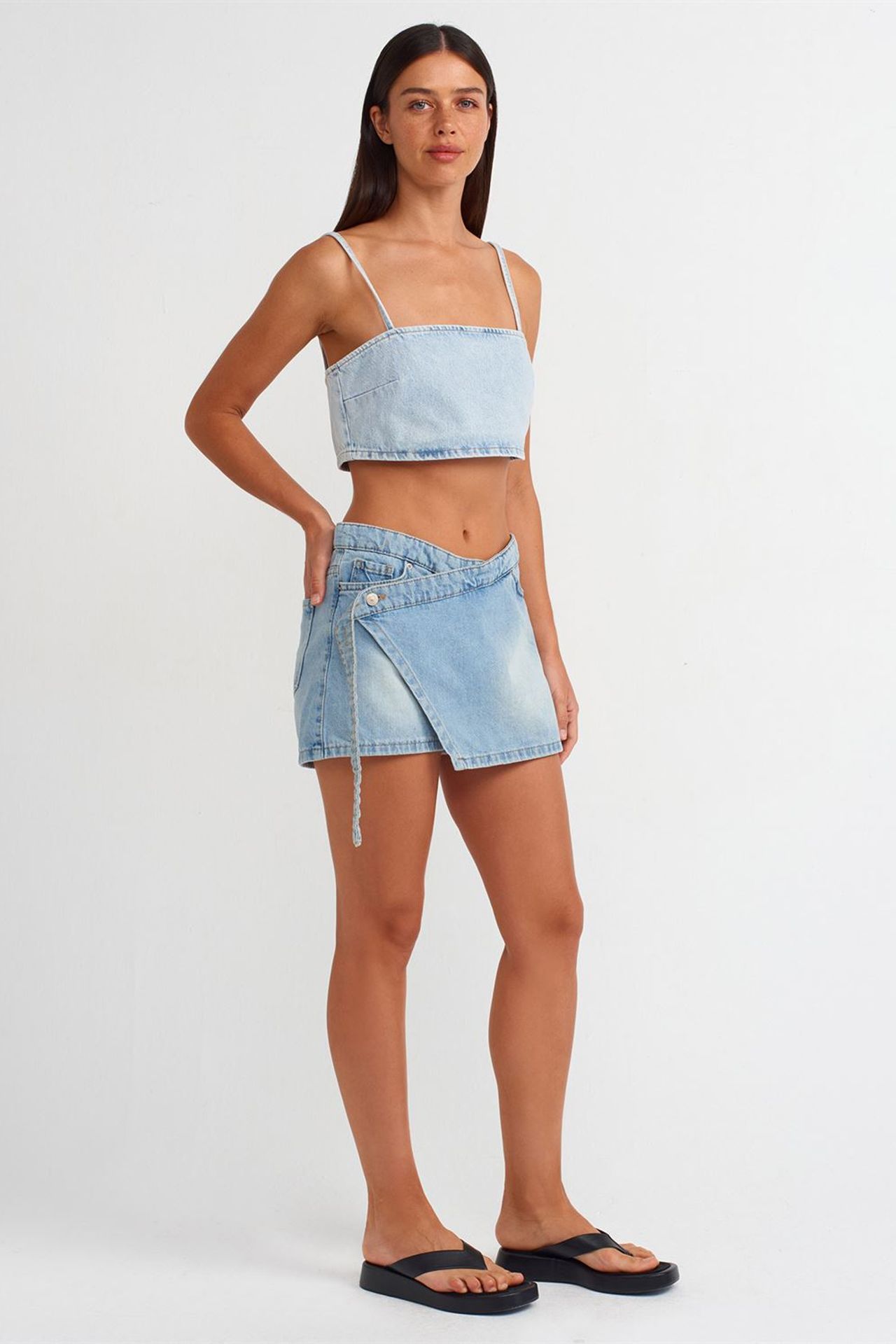 DILVIN Kemerli Mini Denim Kloş Etek 1