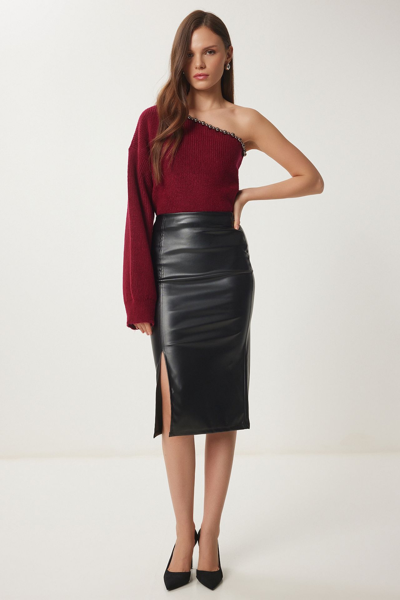 ISTANBUL High Waist Faux Leather Midi Skirt with Slit 2