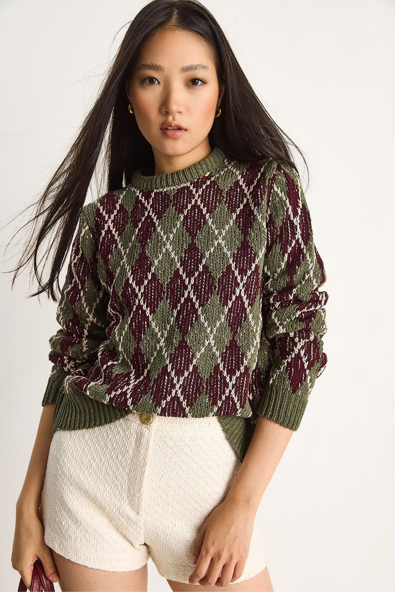 LUCCI Women’s Crew Neck Knitted Sweater with Diamond Pattern 6