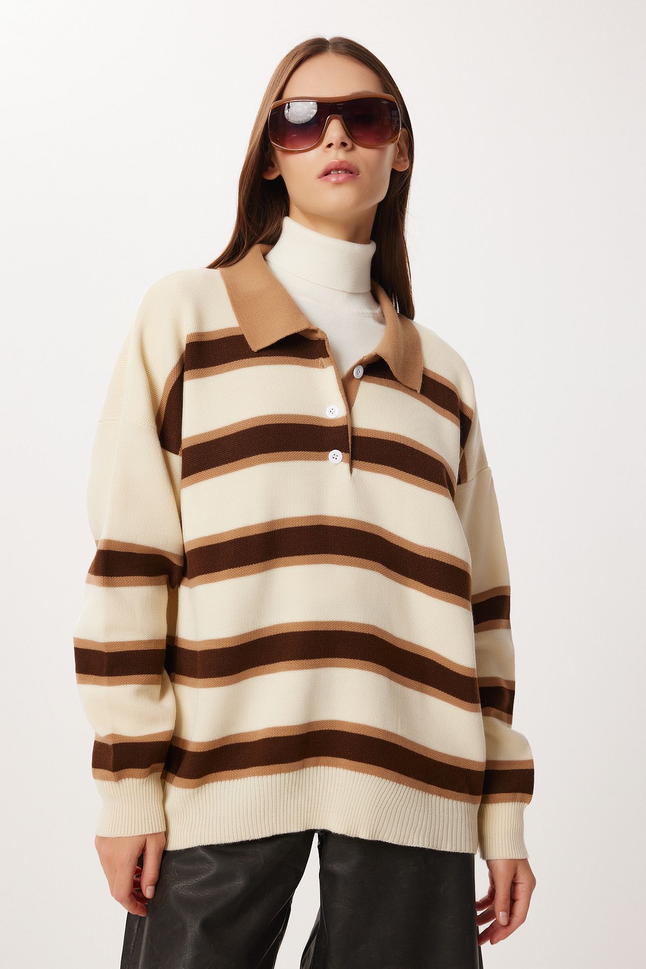 ISTANBUL Ribbed Striped Polo Collar Sweater 3
