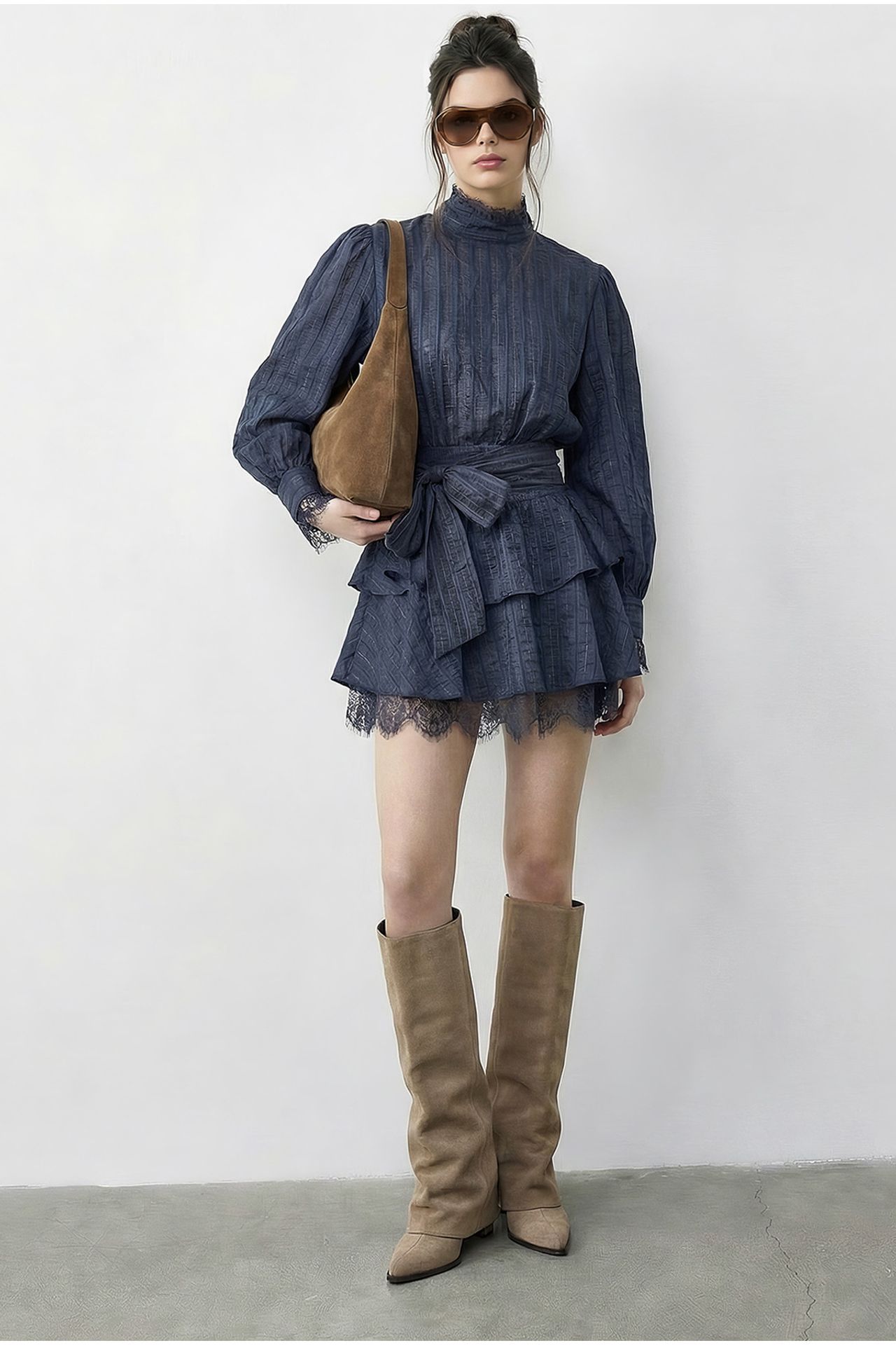 LUCCI Textured Mini Dress with Half Turtleneck and Lace Detail 1