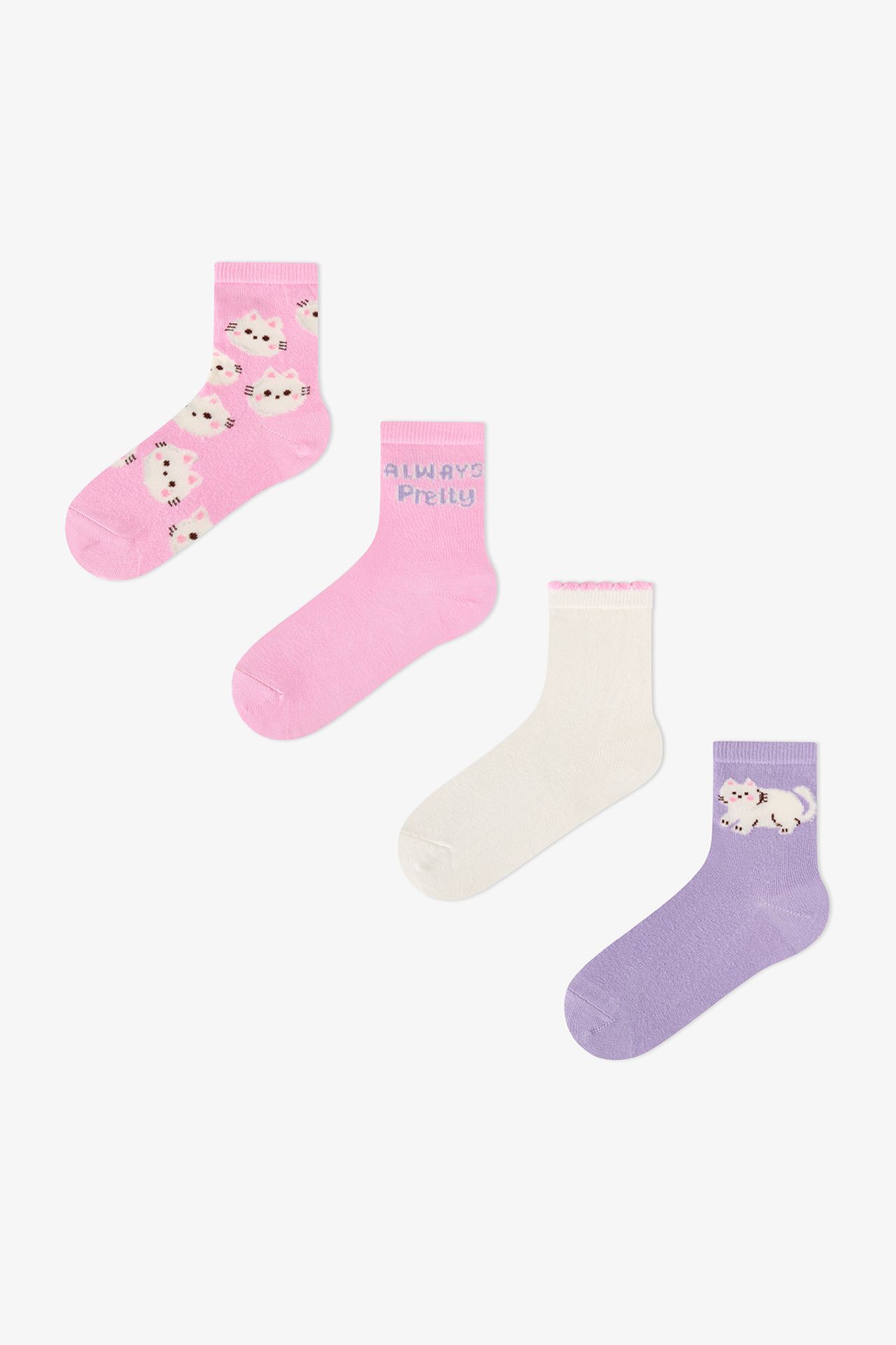 PENTI Girls' Fluffy Cat Pattern Cotton 2-Pack Ankle Socks 1