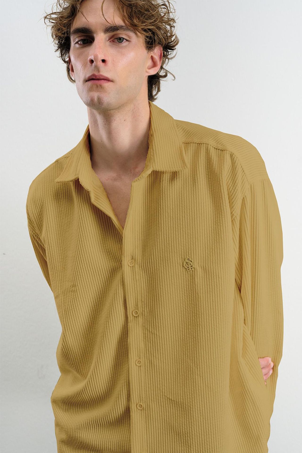 Oversized Long Sleeve Button-Front Velvet Shirt 2