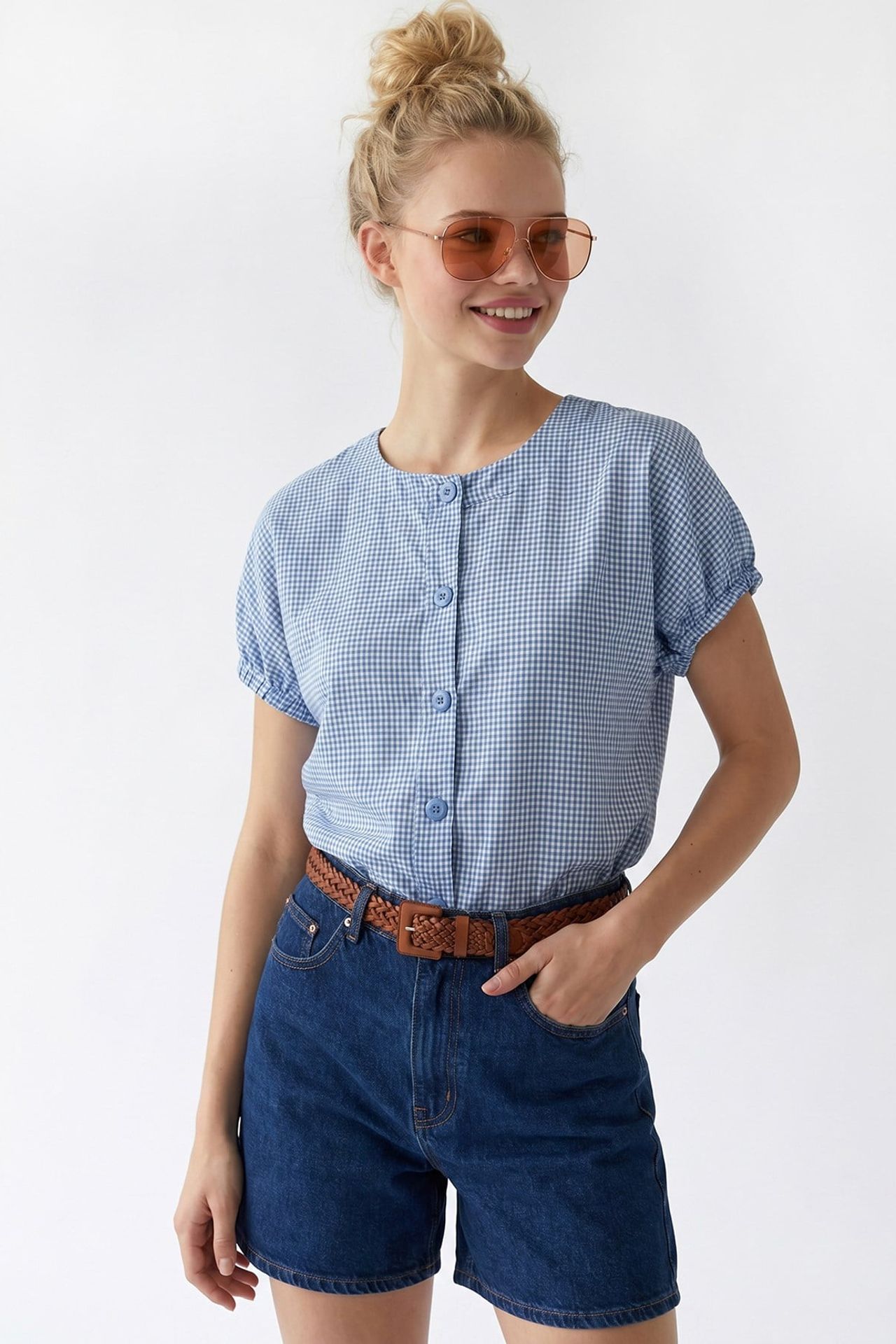 MIXRAY Gingham Poplin Düğmeli Gömlek 3