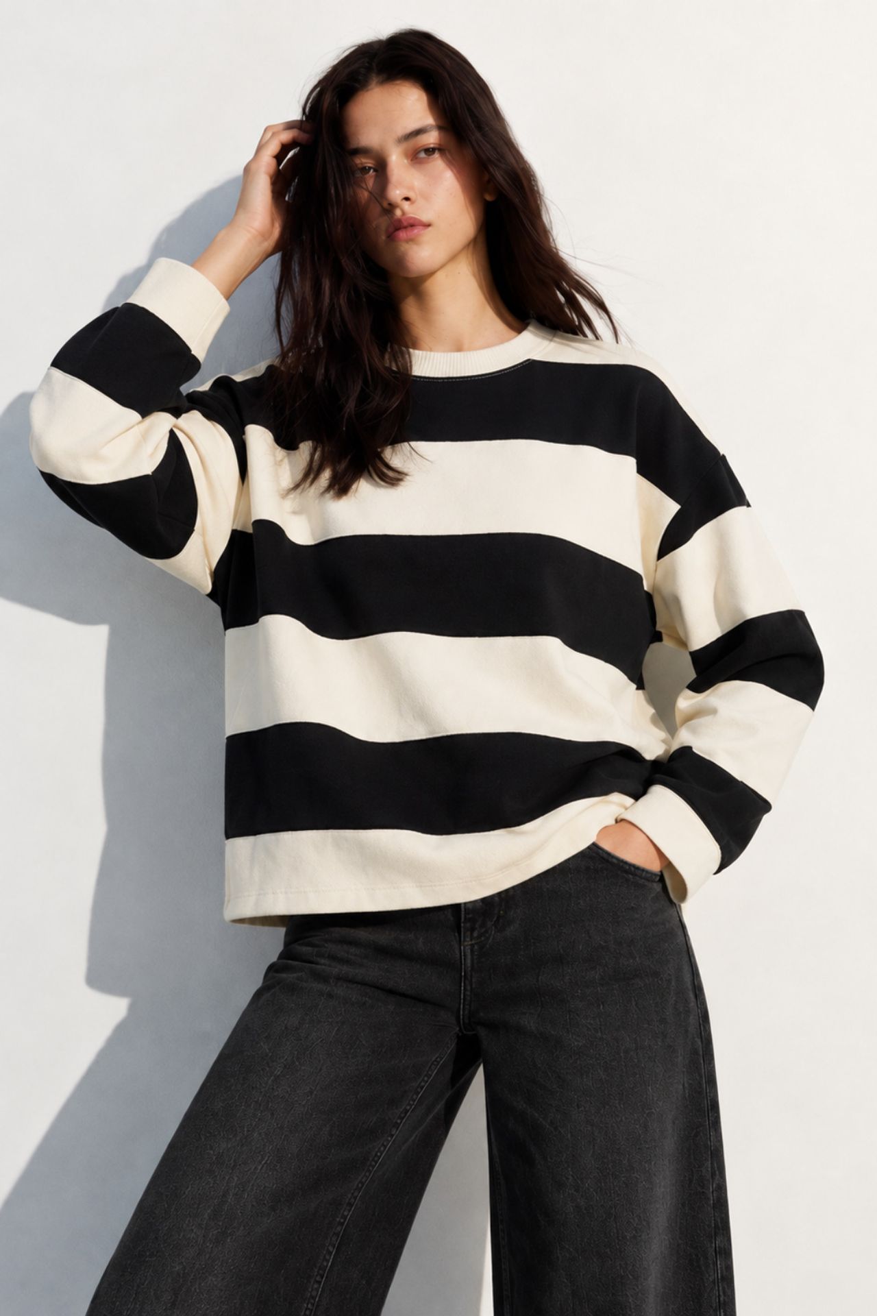 BIPANTOLON Kadın Oversize Çizgili Bisiklet Yaka Sweatshirt 5