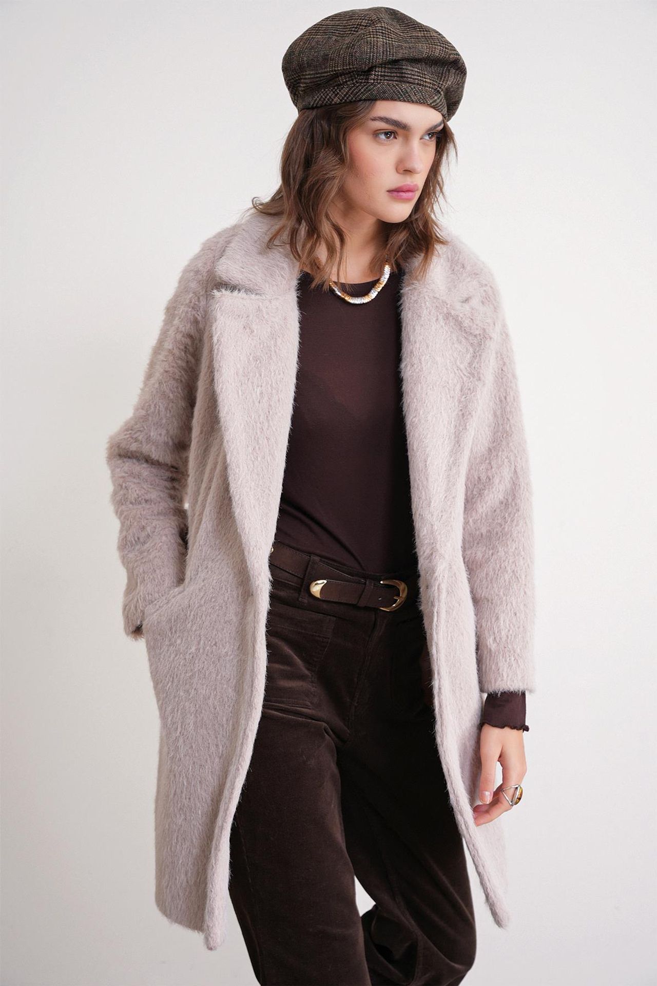 Mixray Textured Long Coat with Jacket Collar