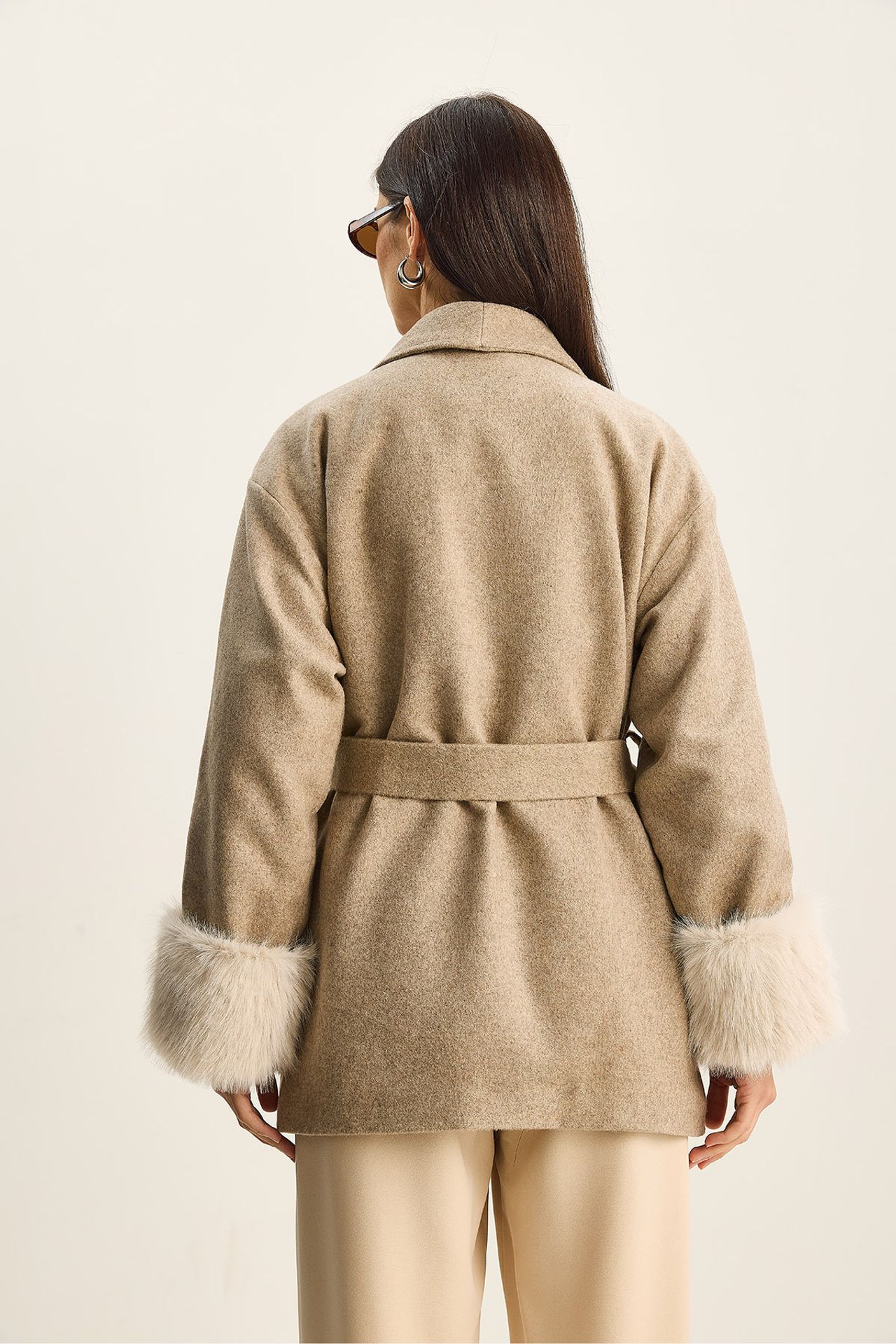 Oversized Shawl Collar Felt Jacket with Faux Fur Cuffs 6