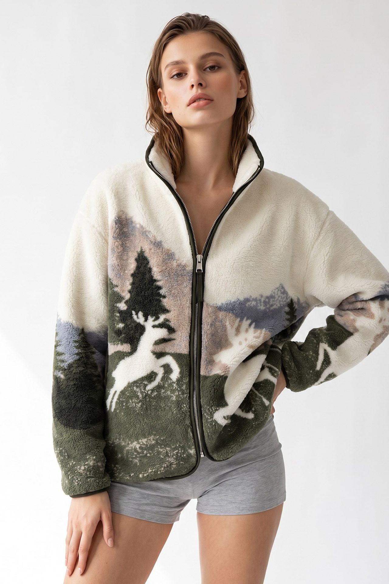 MIXRAY Kadın Geometrik Fermuarlı Yaka Sweatshirt 5