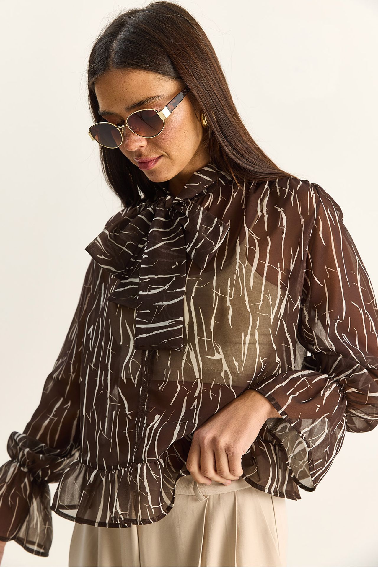 LUCCI Abstract Print Choker Collar Chiffon Blouse with Tie Detail 5