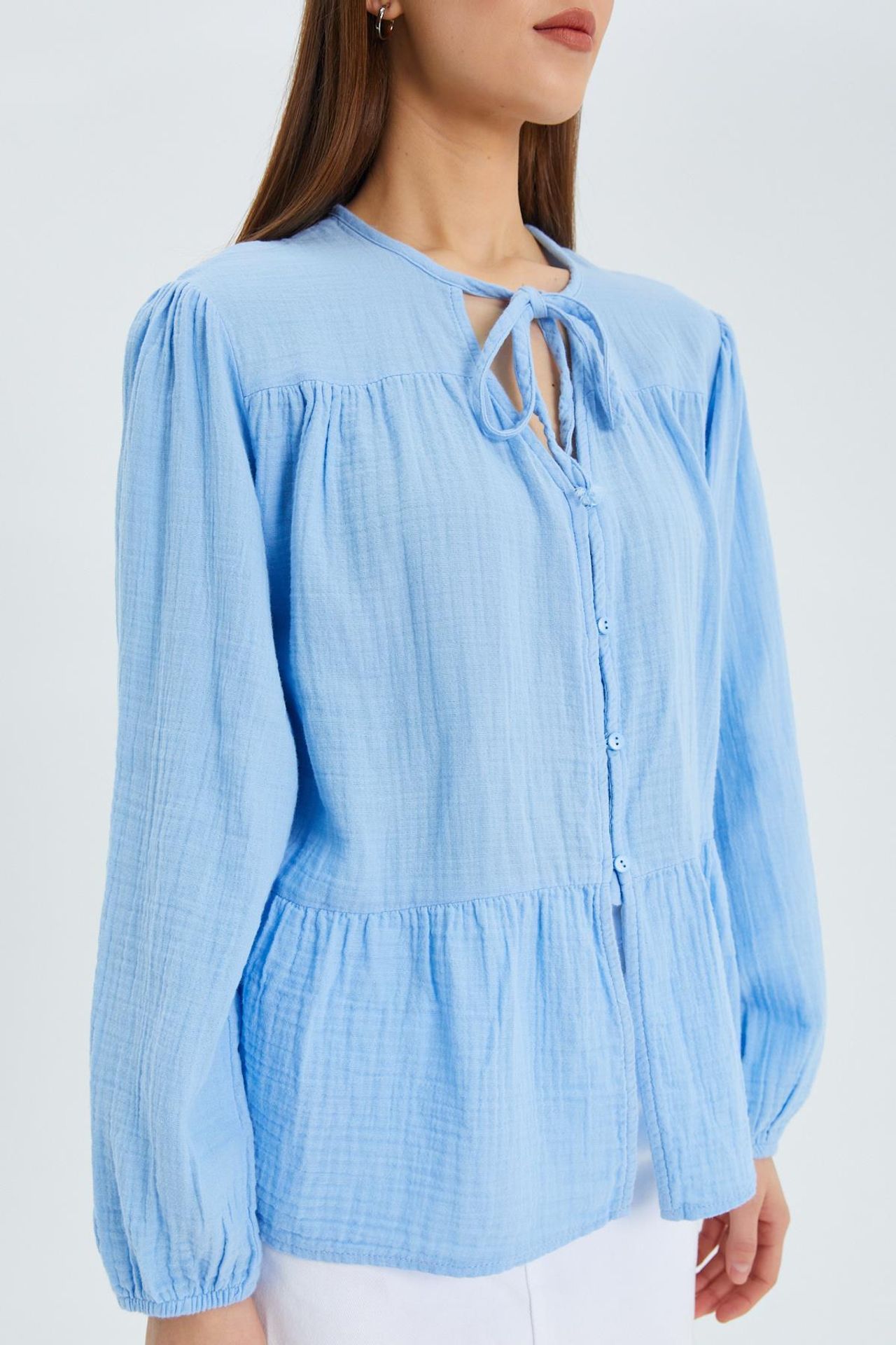 Mixray Long Sleeve Relaxed Fit Blouse with Tie-Neck 4