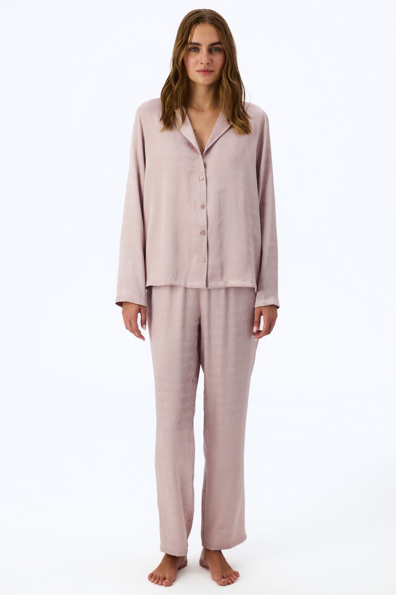 PENTI Pastel Romantic Satin Slogan Patterned Long Sleeve Shirt Trousers Pajama Set 1