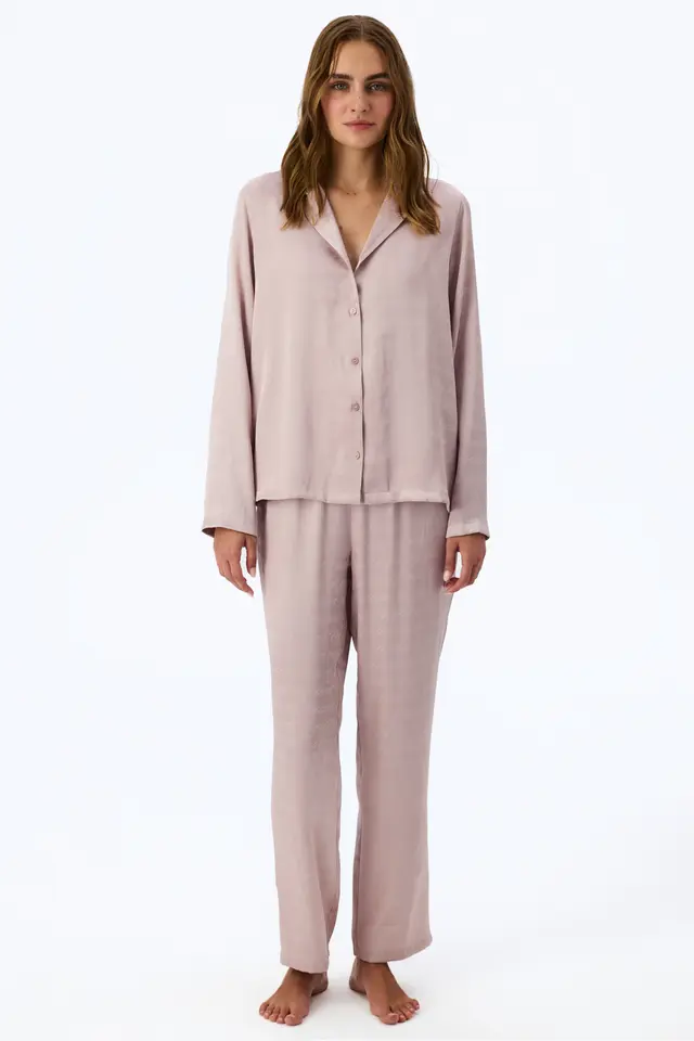 PENTI Pastel Romantic Satin Slogan Patterned Long Sleeve Shirt Trousers Pajama Set