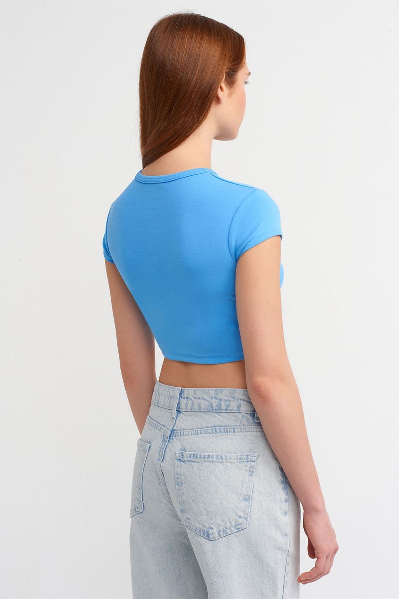 DILVIN Kadın Kısa Slim Fit Bisiklet Yaka Tişört 2