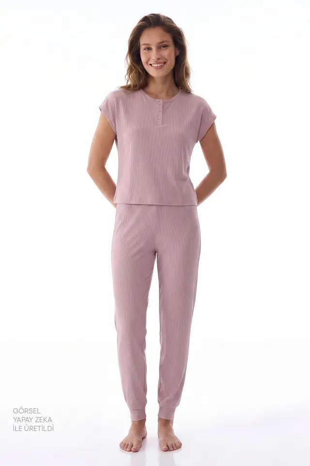 PENTI Midnight Ribbed Short Sleeve Pajama Set
