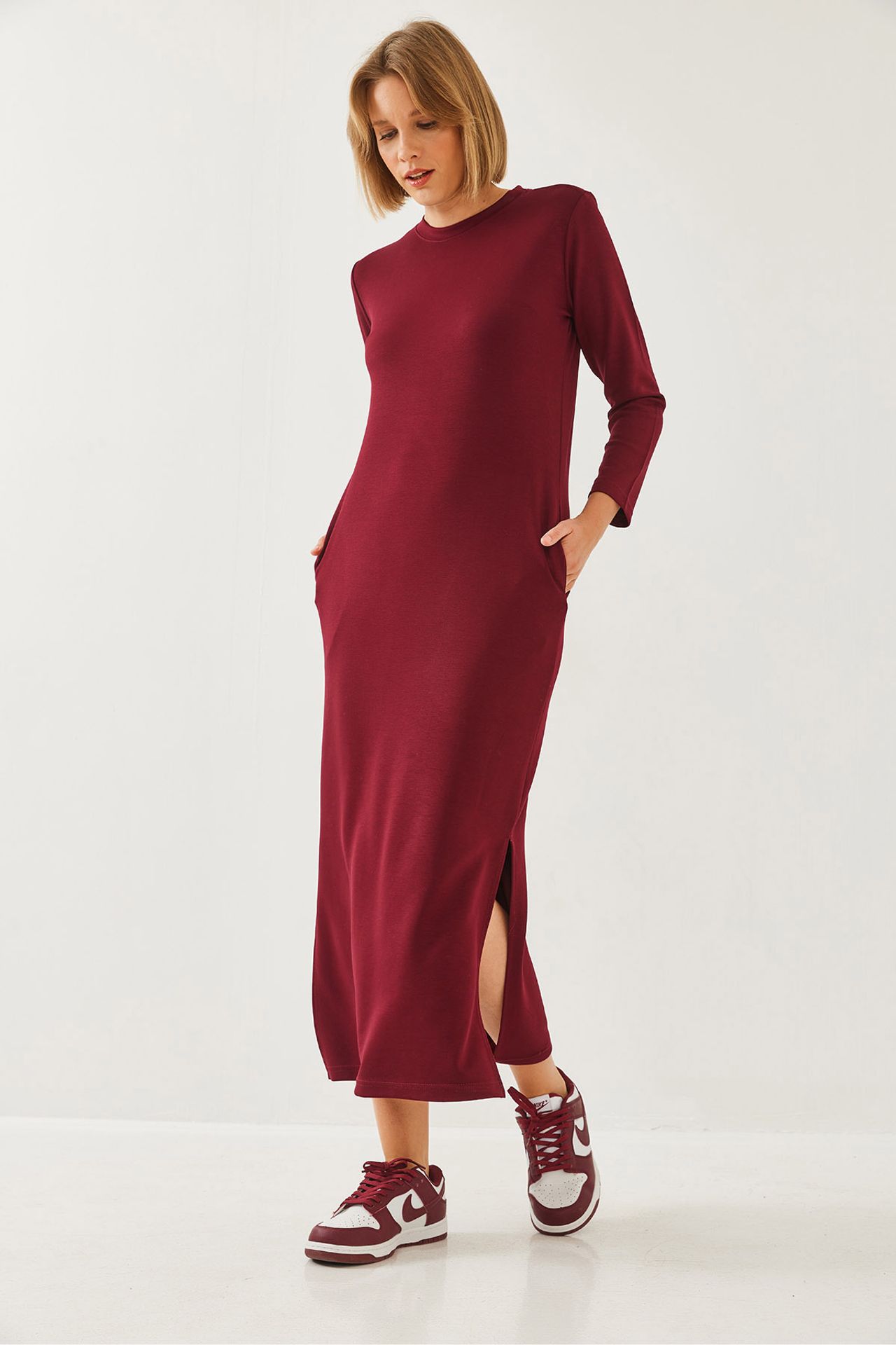 LUCCI Crew Neck Long Sleeve Midi Dress with Slit