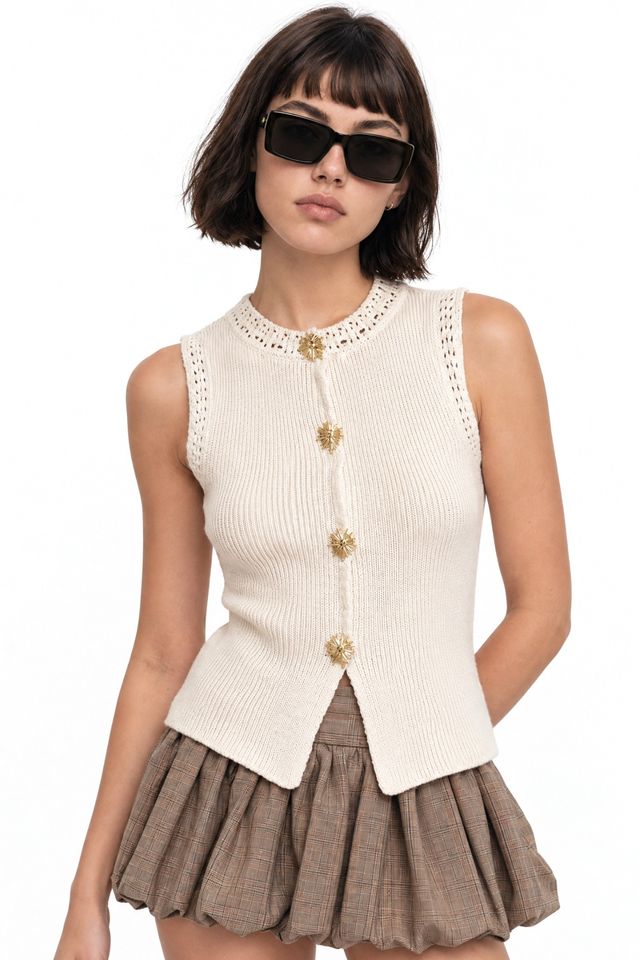 Mixray Textured Knit Crop Top with Button Details