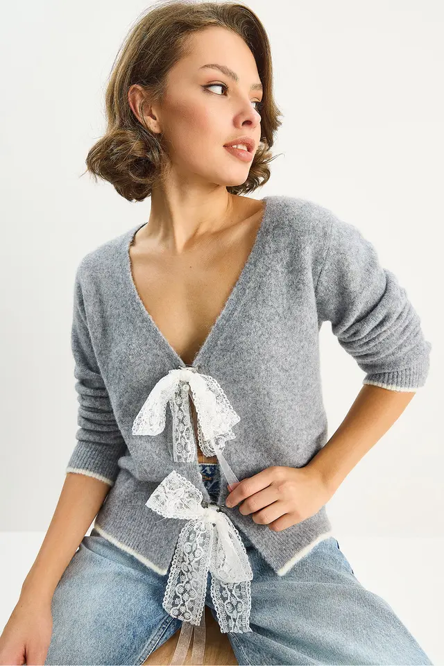 LUCCI Knit V-Neck Cardigan with Lace Tie Closure