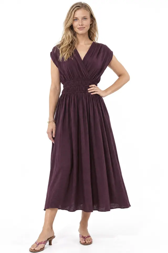 BUSEM Textured V-Neck Midi Dress