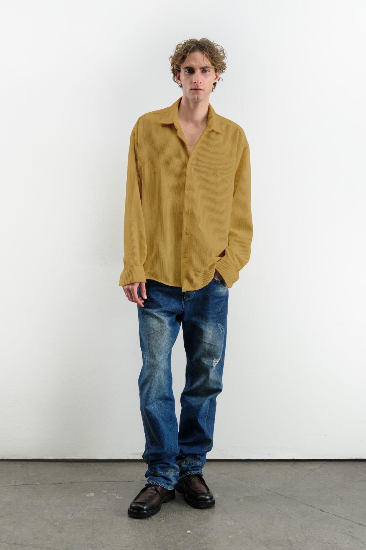 Oversized Long Sleeve Button-Front Velvet Shirt 1