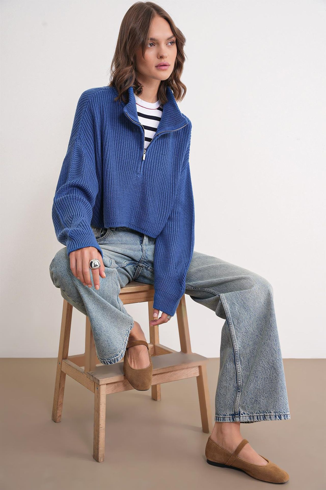Mixray Textured Long Sleeve Zipped Collar Sweater 2