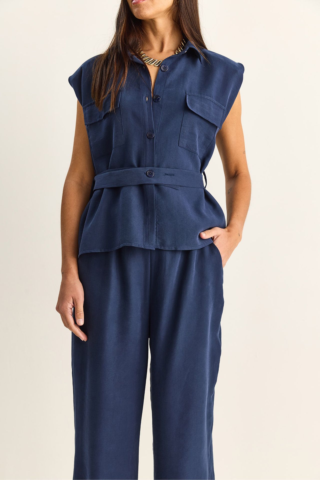 LUCCI Belted Sleeveless Blouse And Wide-Leg Trousers Set 6